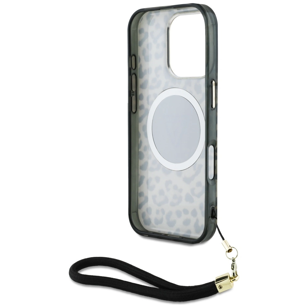 Guess HC IML Leopard Triangle Cord Strap MagSafe Case for iPhone 16 Pro Max - Browneng