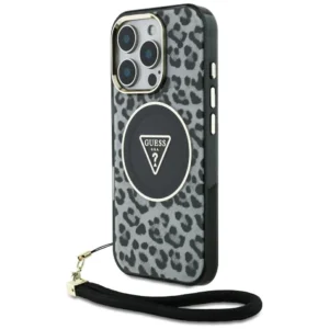 Guess HC IML Leopard Triangle Cord Strap MagSafe Case for iPhone 16 Pro Max - Blackeng