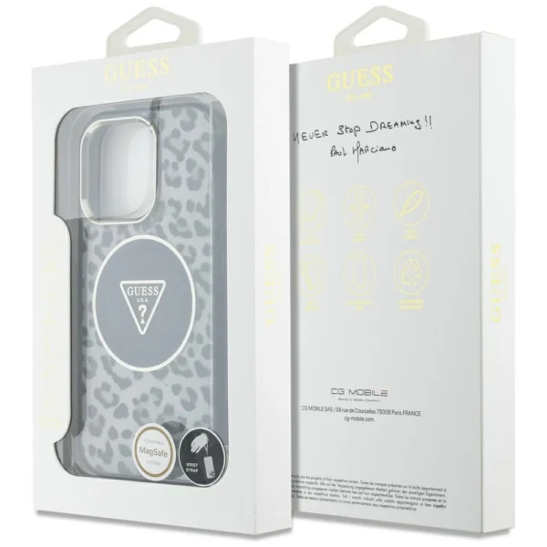 Guess HC IML Leopard Triangle Cord Strap MagSafe Case for iPhone 16 Pro Max - Blackeng