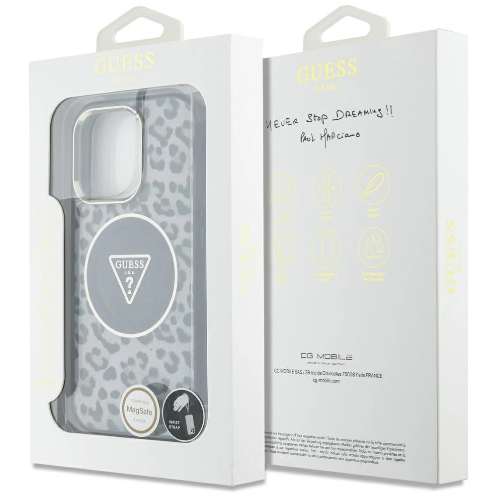 Guess HC IML Leopard Triangle Cord Strap MagSafe Case for iPhone 16 Pro Max - Blackeng