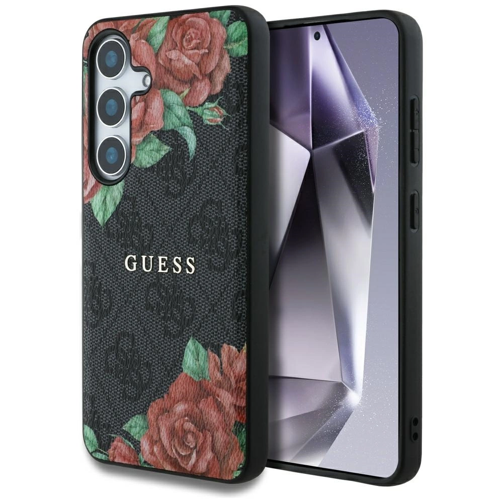 Guess Leather 4G Flowers Print Metal Classic Logo MagSafe Case for Samsung Galaxy S25 - Blackeng