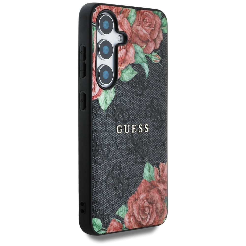 Guess Leather 4G Flowers Print Metal Classic Logo MagSafe Case for Samsung Galaxy S25 - Blackeng