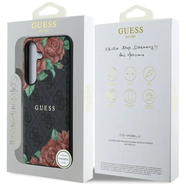 Guess Leather 4G Flowers Print Metal Classic Logo MagSafe Case for Samsung Galaxy S25 - Blackeng