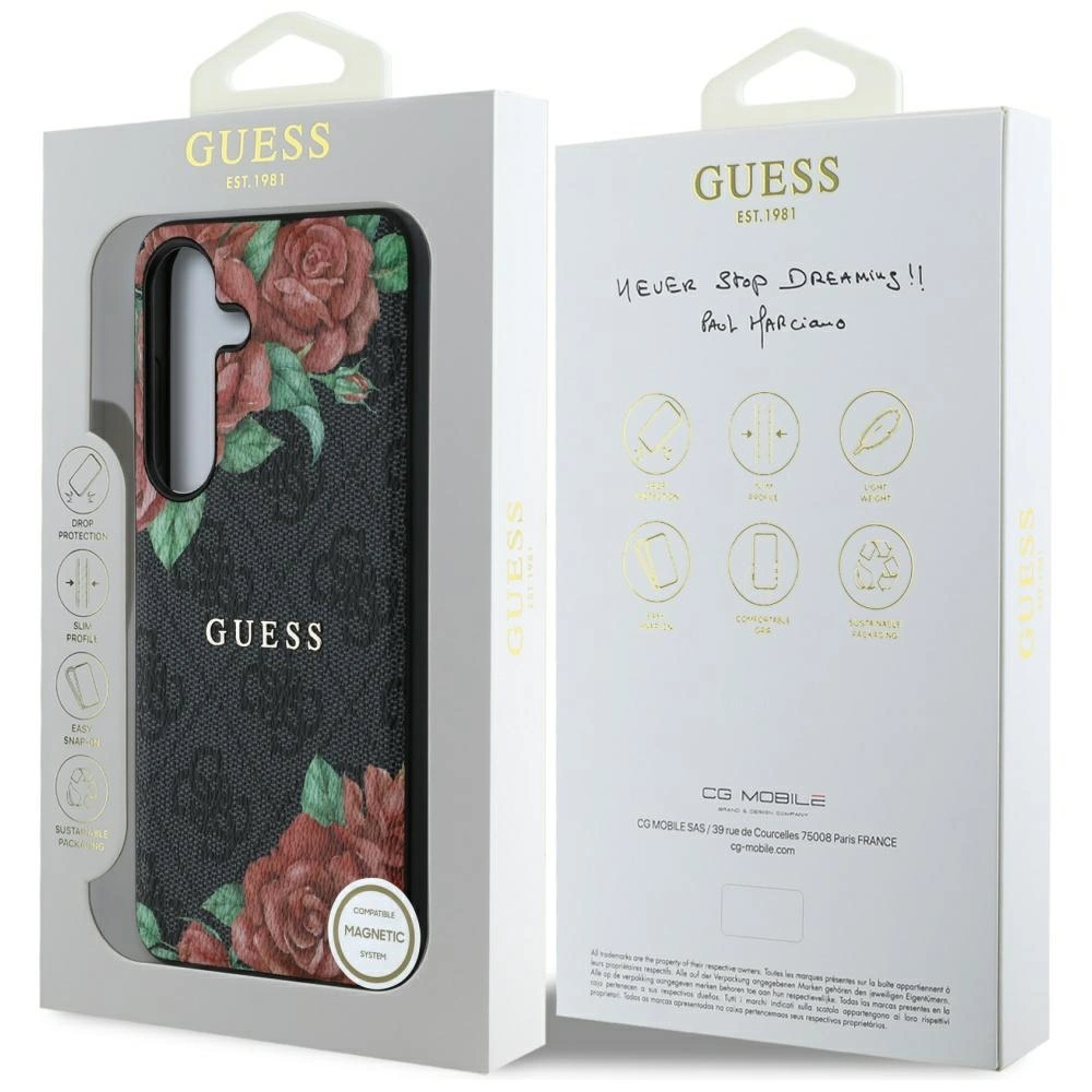 Guess Leather 4G Flowers Print Metal Classic Logo MagSafe Case for Samsung Galaxy S25 - Blackeng