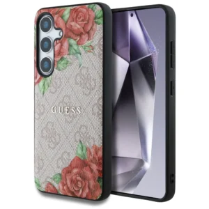 Guess Leather 4G Flowers Print Metal Classic Logo MagSafe Case for Samsung Galaxy S25 - Pinkeng