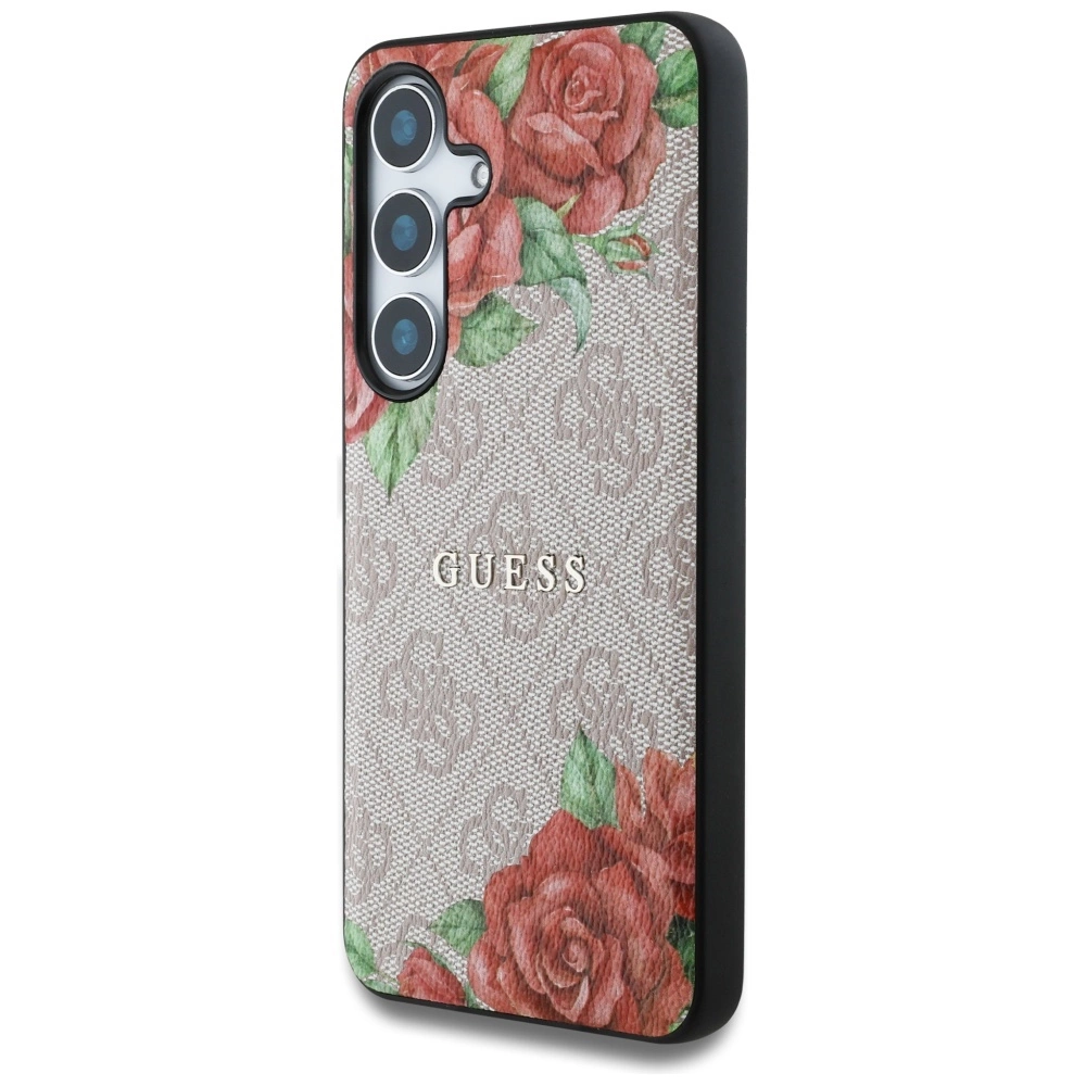 Guess Leather 4G Flowers Print Metal Classic Logo MagSafe Case for Samsung Galaxy S25 - Pinkeng