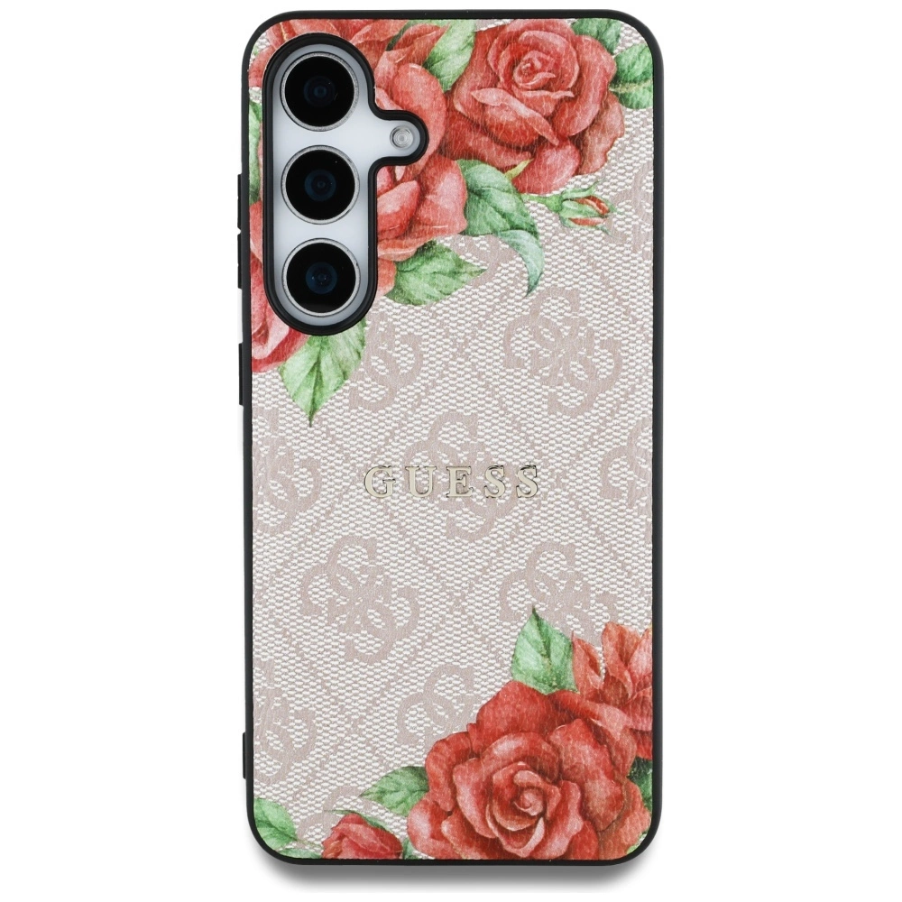 Guess Leather 4G Flowers Print Metal Classic Logo MagSafe Case for Samsung Galaxy S25 - Pinkeng