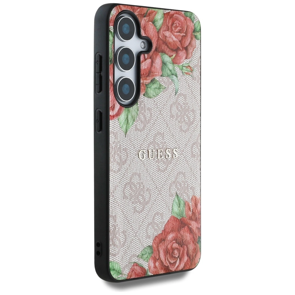 Guess Leather 4G Flowers Print Metal Classic Logo MagSafe Case for Samsung Galaxy S25 - Pinkeng