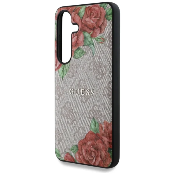Guess Leather 4G Flowers Print Metal Classic Logo MagSafe Case for Samsung Galaxy S25 - Pinkeng