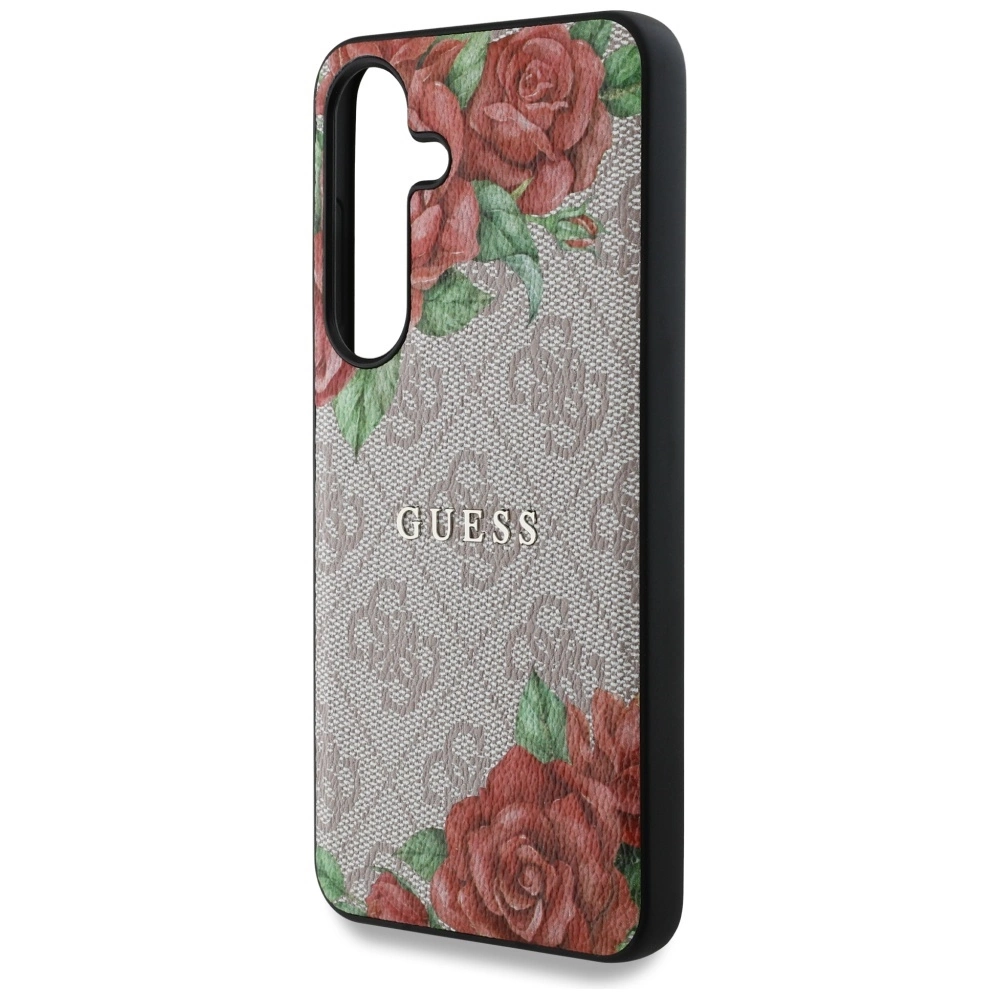 Guess Leather 4G Flowers Print Metal Classic Logo MagSafe Case for Samsung Galaxy S25 - Pinkeng