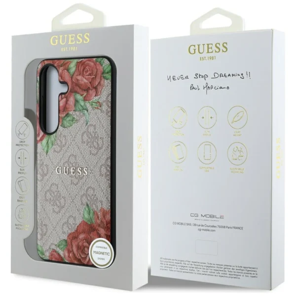 Guess Leather 4G Flowers Print Metal Classic Logo MagSafe Case for Samsung Galaxy S25 - Pinkeng