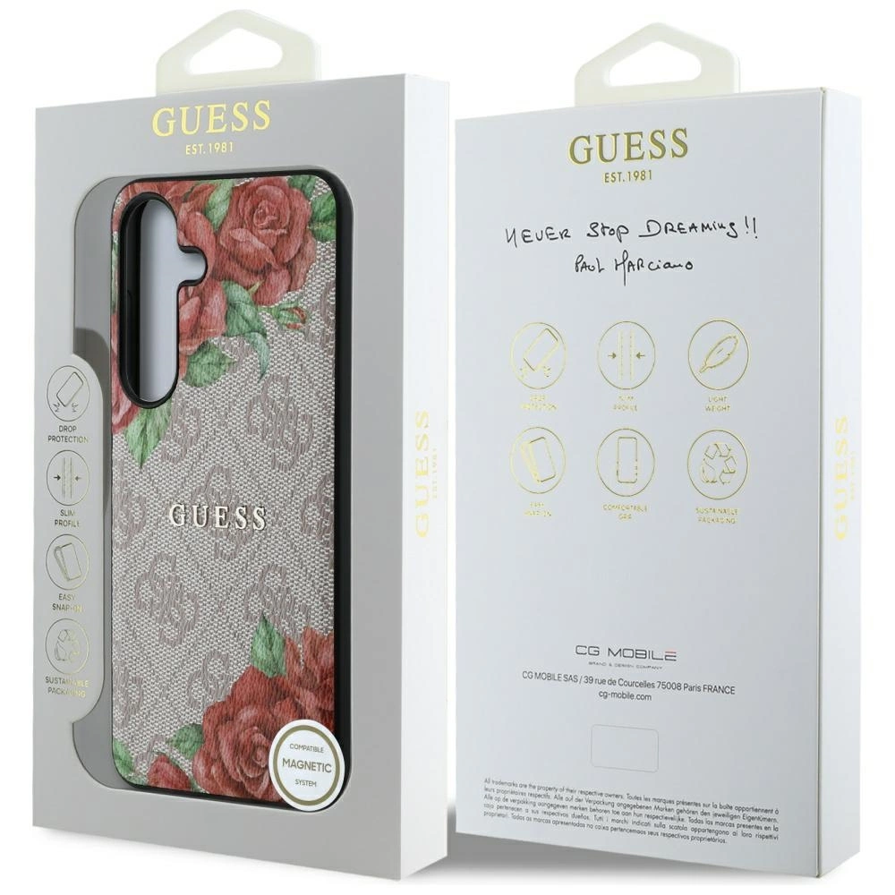 Guess Leather 4G Flowers Print Metal Classic Logo MagSafe Case for Samsung Galaxy S25 - Pinkeng