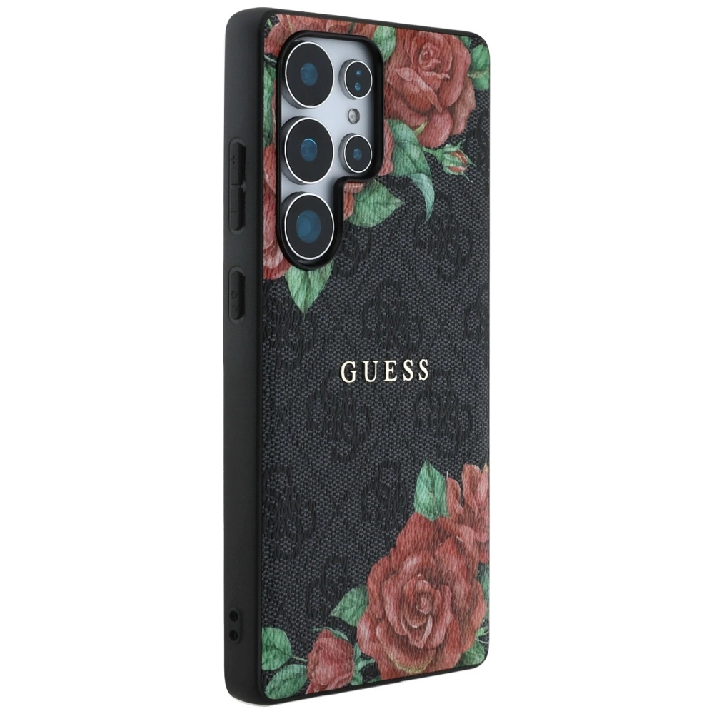 Guess Leather 4G Flowers Print Metal Classic Logo MagSafe Case for Samsung Galaxy S25 Ultra - Blackeng