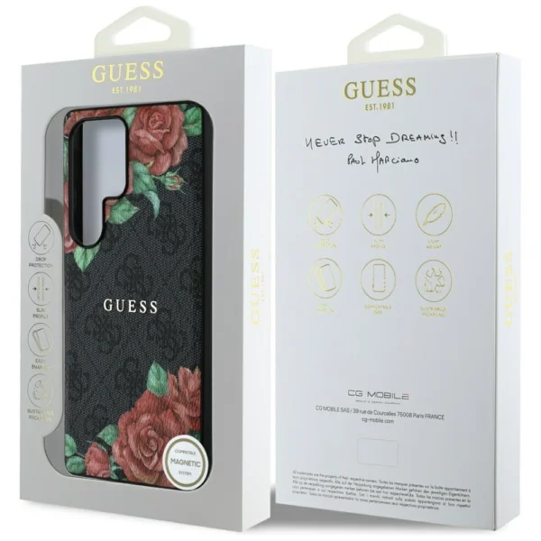 Guess Leather 4G Flowers Print Metal Classic Logo MagSafe Case for Samsung Galaxy S25 Ultra - Blackeng