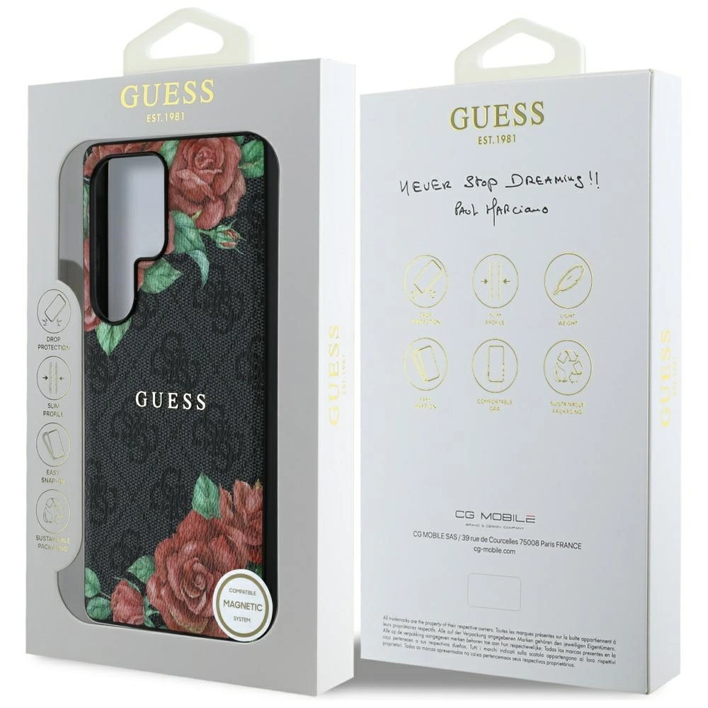 Guess Leather 4G Flowers Print Metal Classic Logo MagSafe Case for Samsung Galaxy S25 Ultra - Blackeng