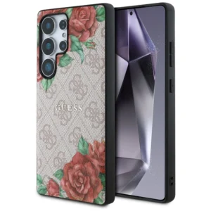 Guess Leather 4G Flowers Print Metal Classic Logo MagSafe Case for Samsung Galaxy S25 Ultra - Pinkeng