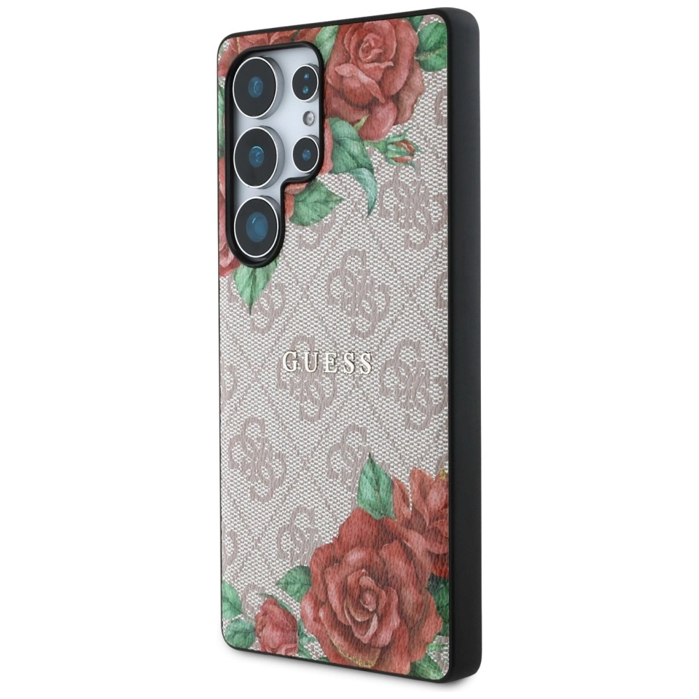 Guess Leather 4G Flowers Print Metal Classic Logo MagSafe Case for Samsung Galaxy S25 Ultra - Pinkeng