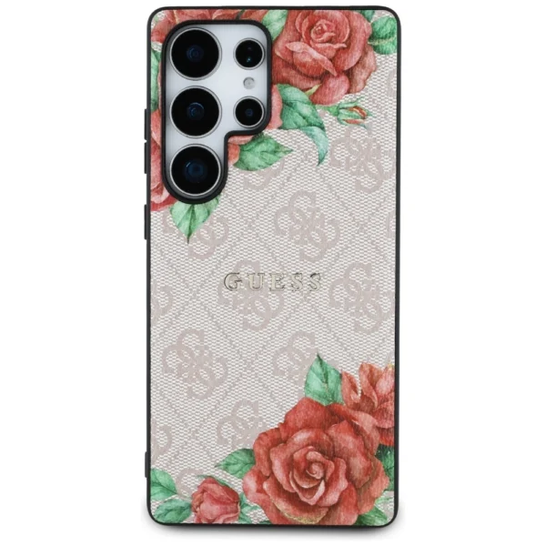 Guess Leather 4G Flowers Print Metal Classic Logo MagSafe Case for Samsung Galaxy S25 Ultra - Pinkeng