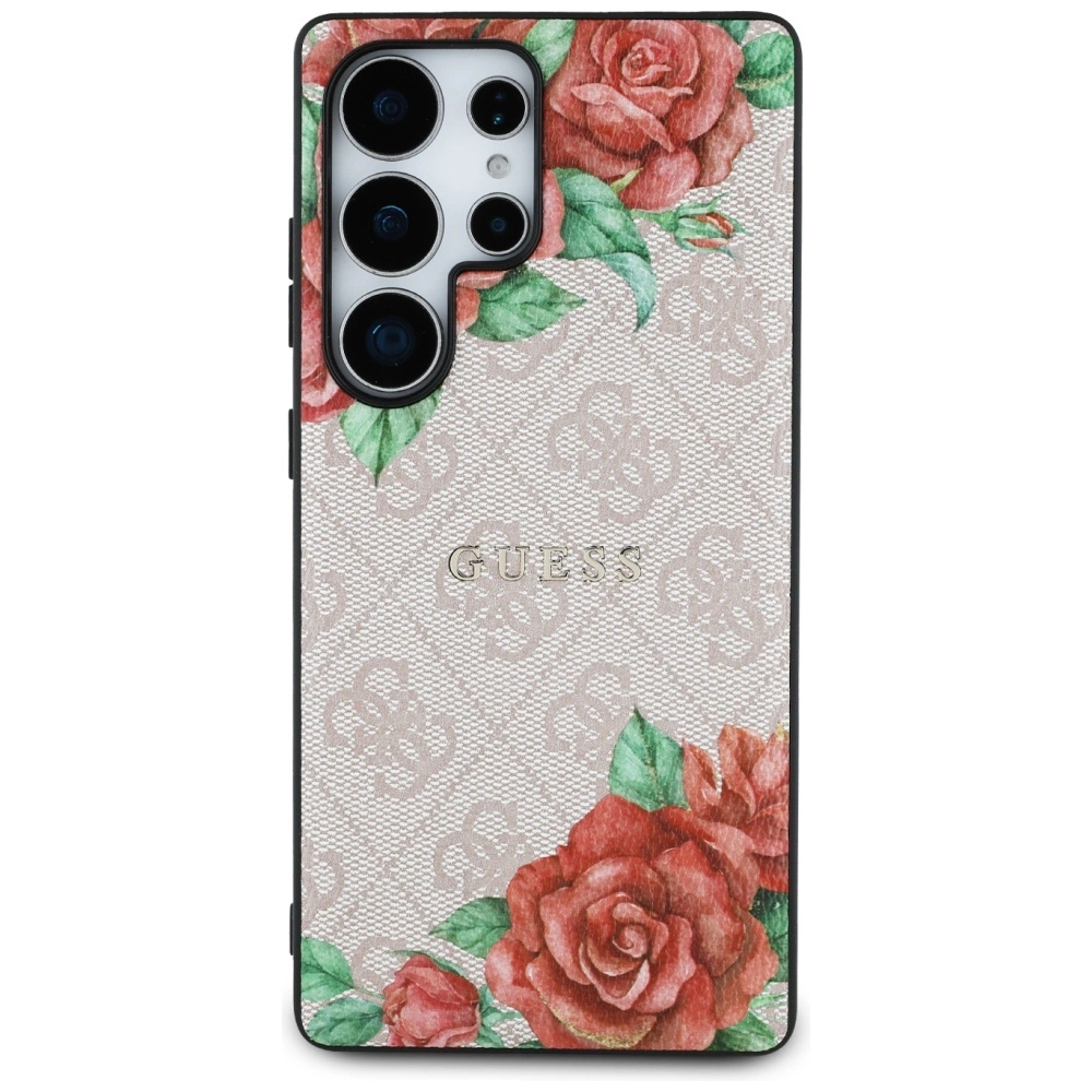 Guess Leather 4G Flowers Print Metal Classic Logo MagSafe Case for Samsung Galaxy S25 Ultra - Pinkeng