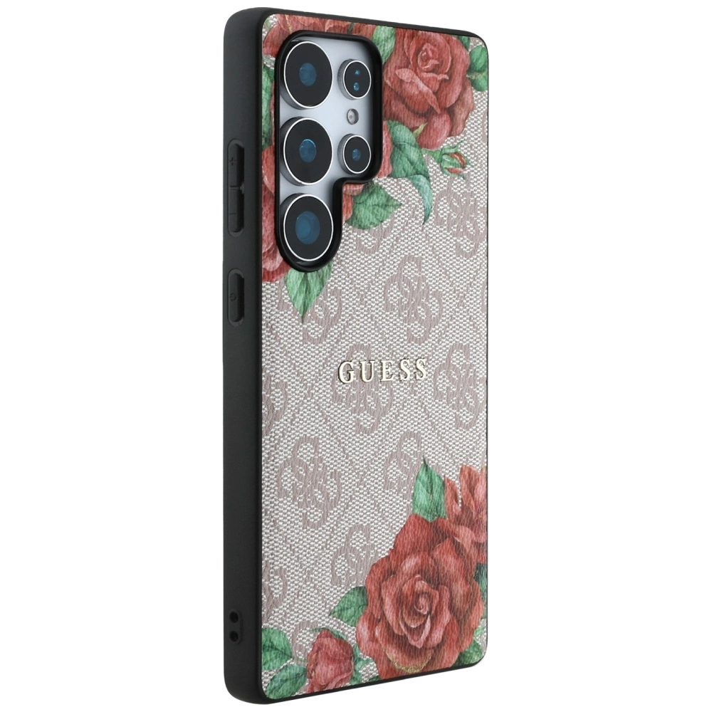 Guess Leather 4G Flowers Print Metal Classic Logo MagSafe Case for Samsung Galaxy S25 Ultra - Pinkeng