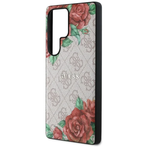 Guess Leather 4G Flowers Print Metal Classic Logo MagSafe Case for Samsung Galaxy S25 Ultra - Pinkeng