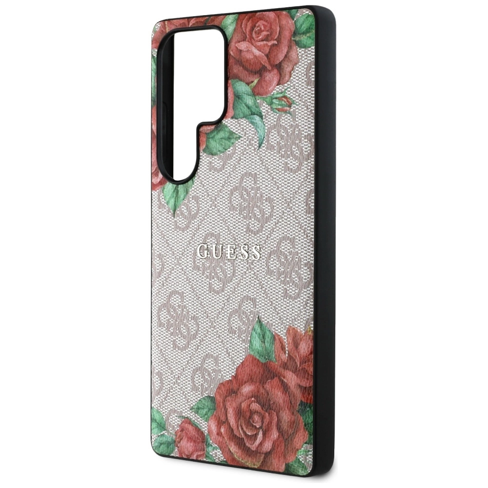 Guess Leather 4G Flowers Print Metal Classic Logo MagSafe Case for Samsung Galaxy S25 Ultra - Pinkeng
