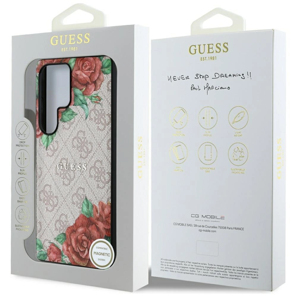 Guess Leather 4G Flowers Print Metal Classic Logo MagSafe Case for Samsung Galaxy S25 Ultra - Pinkeng