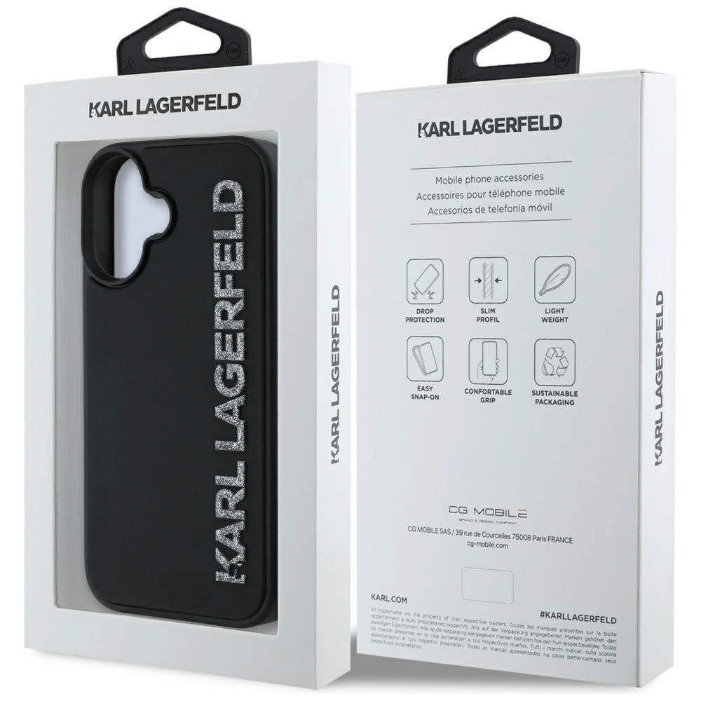 Karl Lagerfeld HC 3D Rubber Elongated Glitter iPhone 16 Case - Blackeng