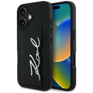 Karl Lagerfeld HC Grained PU Cardslot Metal Signature iPhone 16 Case - Blackeng