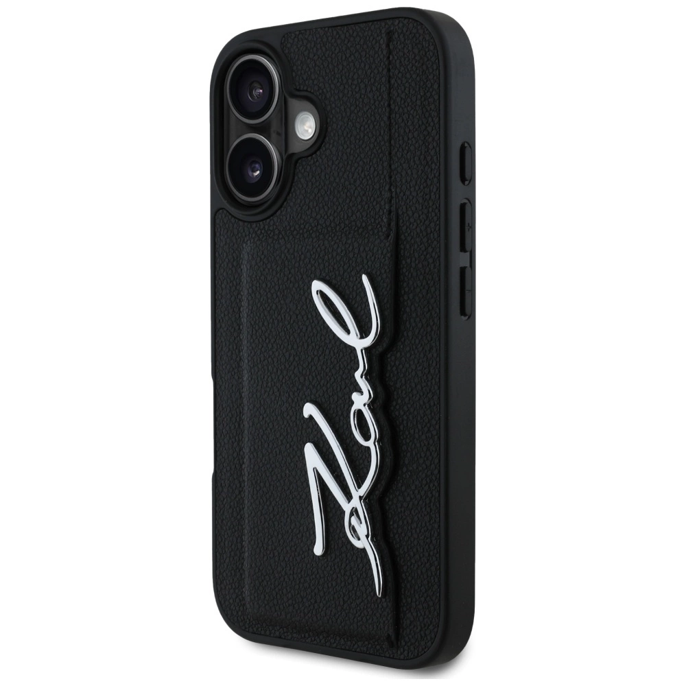 Karl Lagerfeld HC Grained PU Cardslot Metal Signature iPhone 16 Case - Blackeng