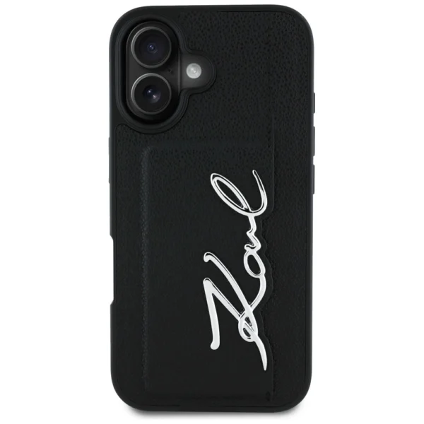 Karl Lagerfeld HC Grained PU Cardslot Metal Signature iPhone 16 Case - Blackeng
