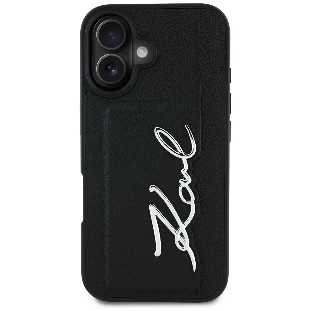 Karl Lagerfeld HC Grained PU Cardslot Metal Signature iPhone 16 Case - Blackeng