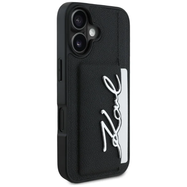 Karl Lagerfeld HC Grained PU Cardslot Metal Signature iPhone 16 Case - Blackeng