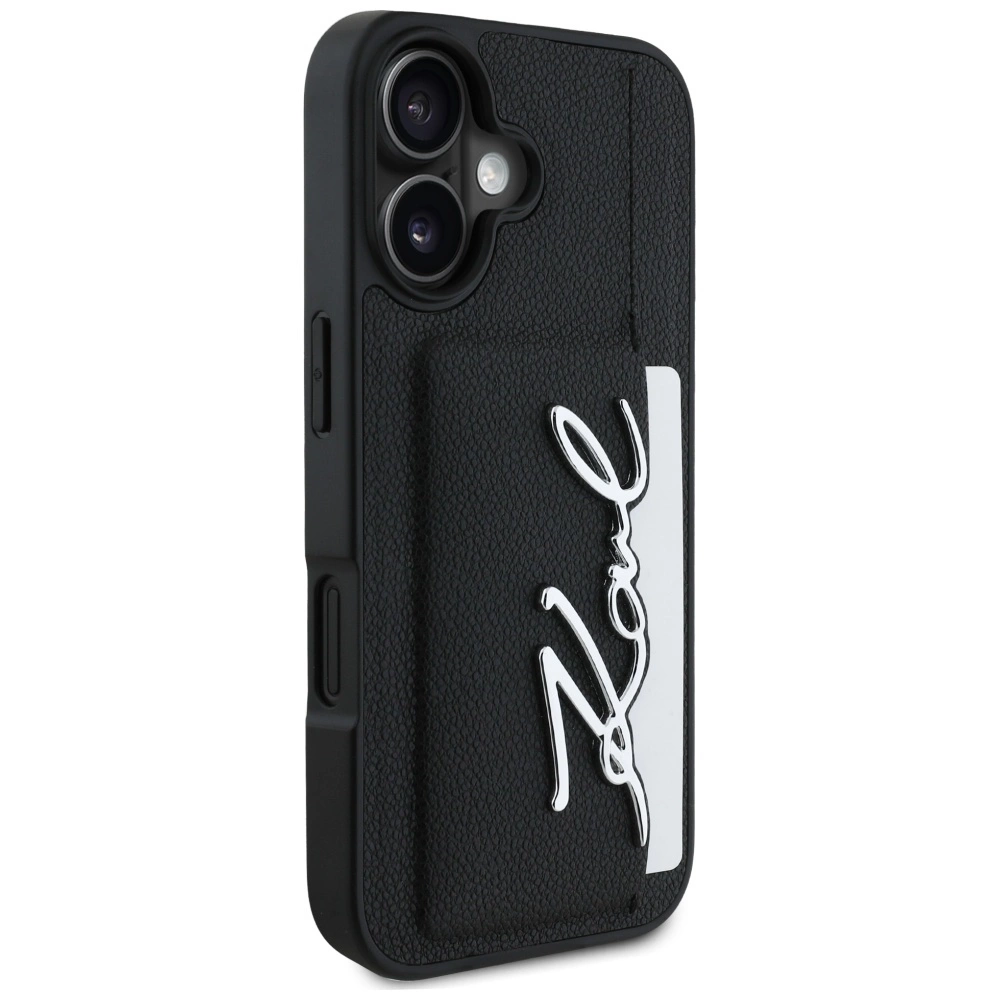 Karl Lagerfeld HC Grained PU Cardslot Metal Signature iPhone 16 Case - Blackeng