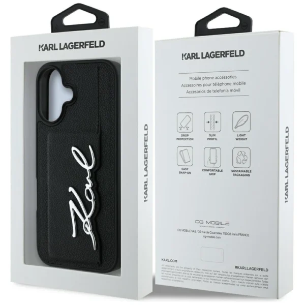 Karl Lagerfeld HC Grained PU Cardslot Metal Signature iPhone 16 Case - Blackeng