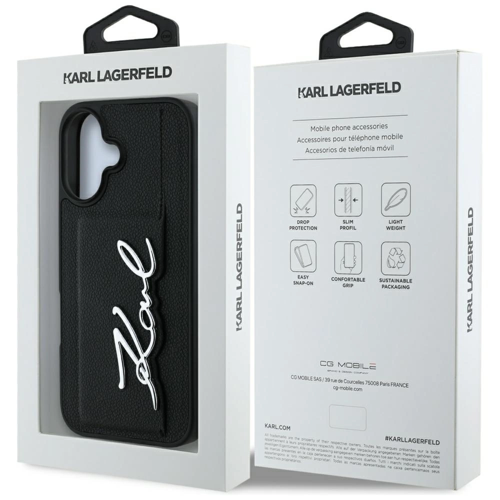 Karl Lagerfeld HC Grained PU Cardslot Metal Signature iPhone 16 Case - Blackeng