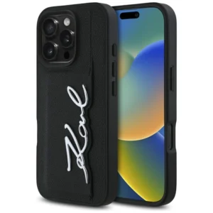 Karl Lagerfeld HC Grained PU Cardslot Metal Signature iPhone 16 Pro Case - Blackeng