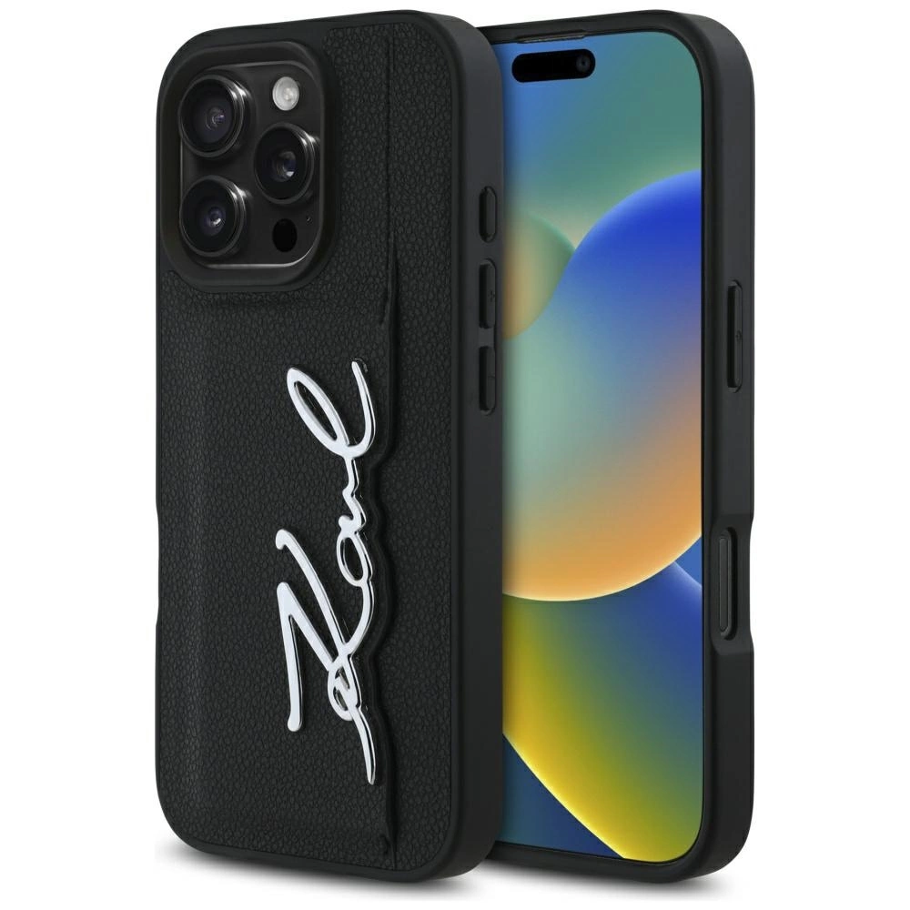 Karl Lagerfeld HC Grained PU Cardslot Metal Signature iPhone 16 Pro Case - Blackeng