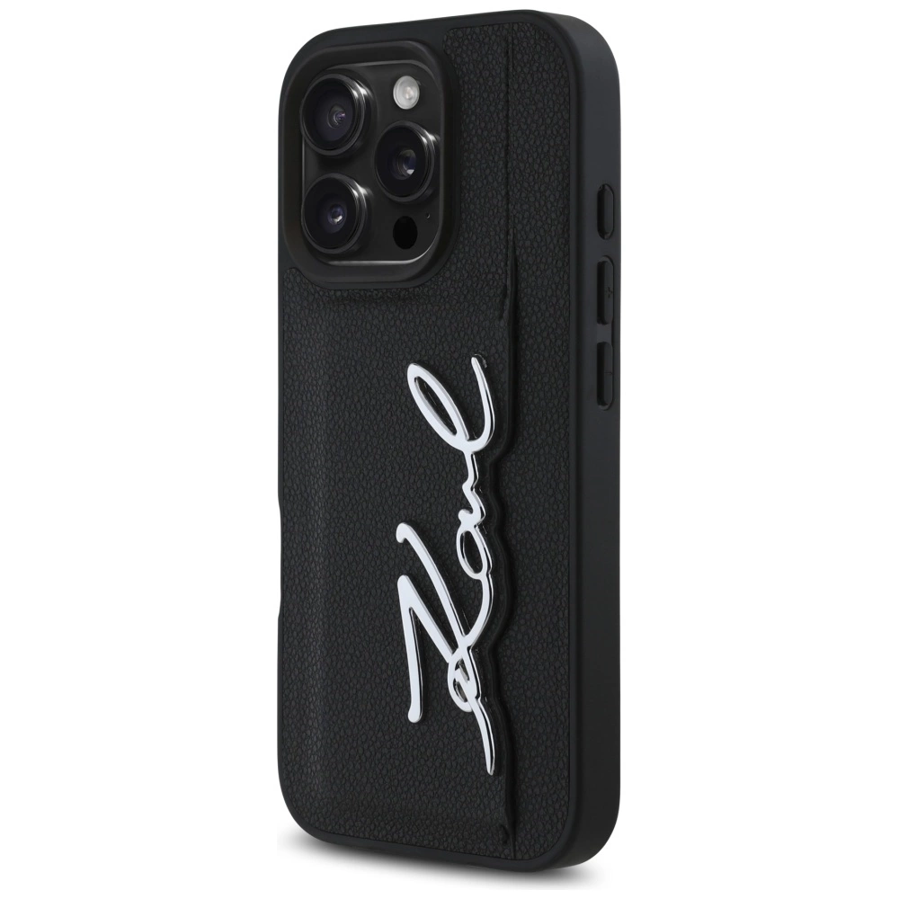 Karl Lagerfeld HC Grained PU Cardslot Metal Signature iPhone 16 Pro Case - Blackeng