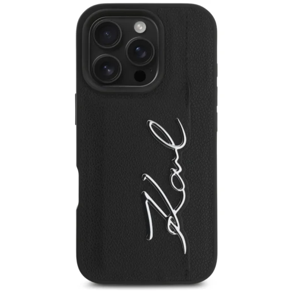 Karl Lagerfeld HC Grained PU Cardslot Metal Signature iPhone 16 Pro Case - Blackeng