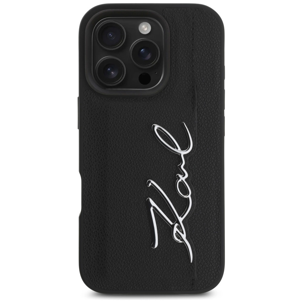 Karl Lagerfeld HC Grained PU Cardslot Metal Signature iPhone 16 Pro Case - Blackeng