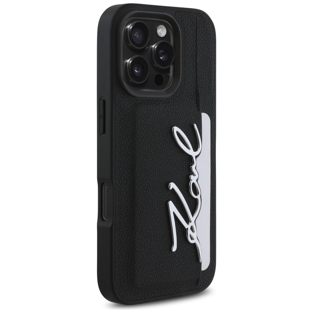 Karl Lagerfeld HC Grained PU Cardslot Metal Signature iPhone 16 Pro Case - Blackeng