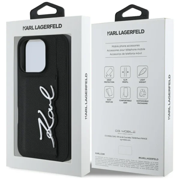 Karl Lagerfeld HC Grained PU Cardslot Metal Signature iPhone 16 Pro Case - Blackeng