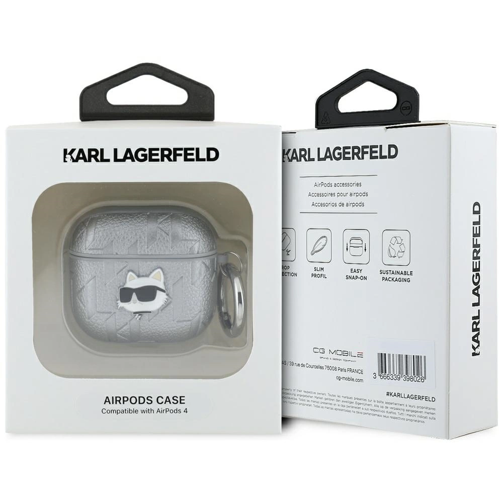 Karl Lagerfeld Monogram Choupette Head case for AirPods 4 - silvereng