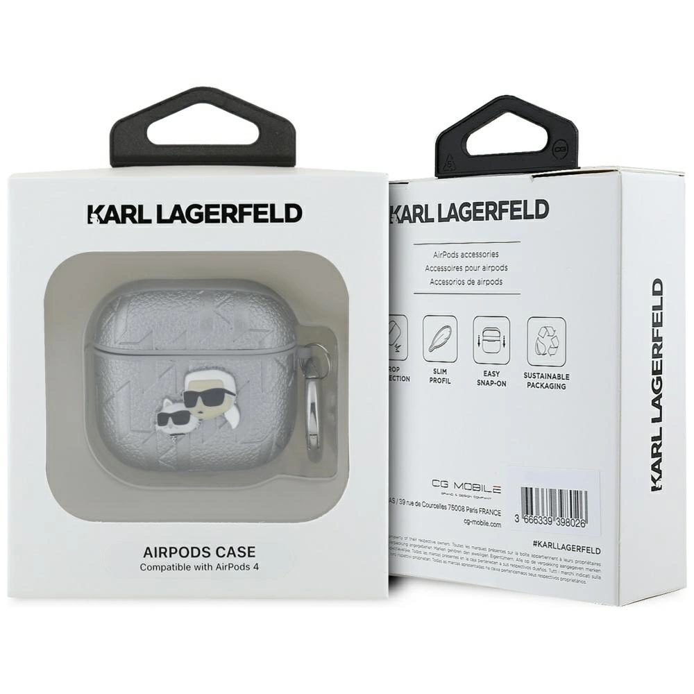 Karl Lagerfeld Monogram Karl & Choupette Head case for AirPods 4 - silvereng