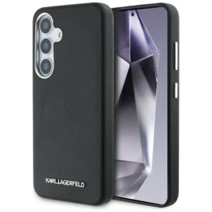 Karl Lagerfeld Saffiano Full Wrapped Elongated Metal Logo MagSafe Case for Samsung Galaxy S25 - Blackeng