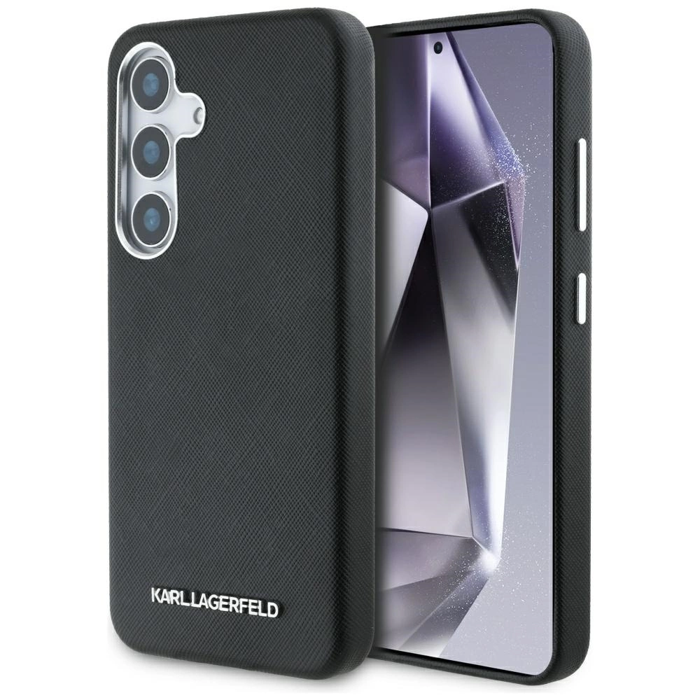 Karl Lagerfeld Saffiano Full Wrapped Elongated Metal Logo MagSafe Case for Samsung Galaxy S25 - Blackeng