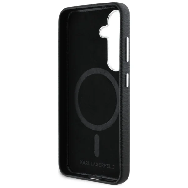 Karl Lagerfeld Saffiano Full Wrapped Elongated Metal Logo MagSafe Case for Samsung Galaxy S25 - Blackeng