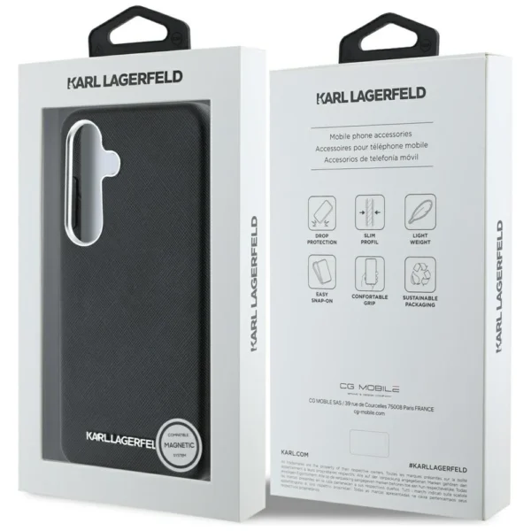 Karl Lagerfeld Saffiano Full Wrapped Elongated Metal Logo MagSafe Case for Samsung Galaxy S25 - Blackeng