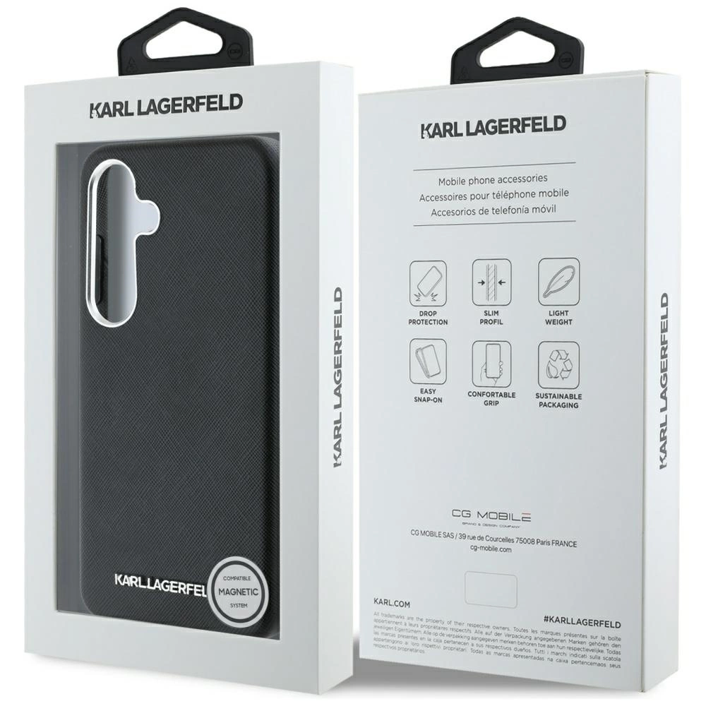 Karl Lagerfeld Saffiano Full Wrapped Elongated Metal Logo MagSafe Case for Samsung Galaxy S25 - Blackeng